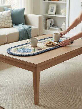 Blue Hydrangea Print Braided Stair Tread or Table Runner by Earth Rugs